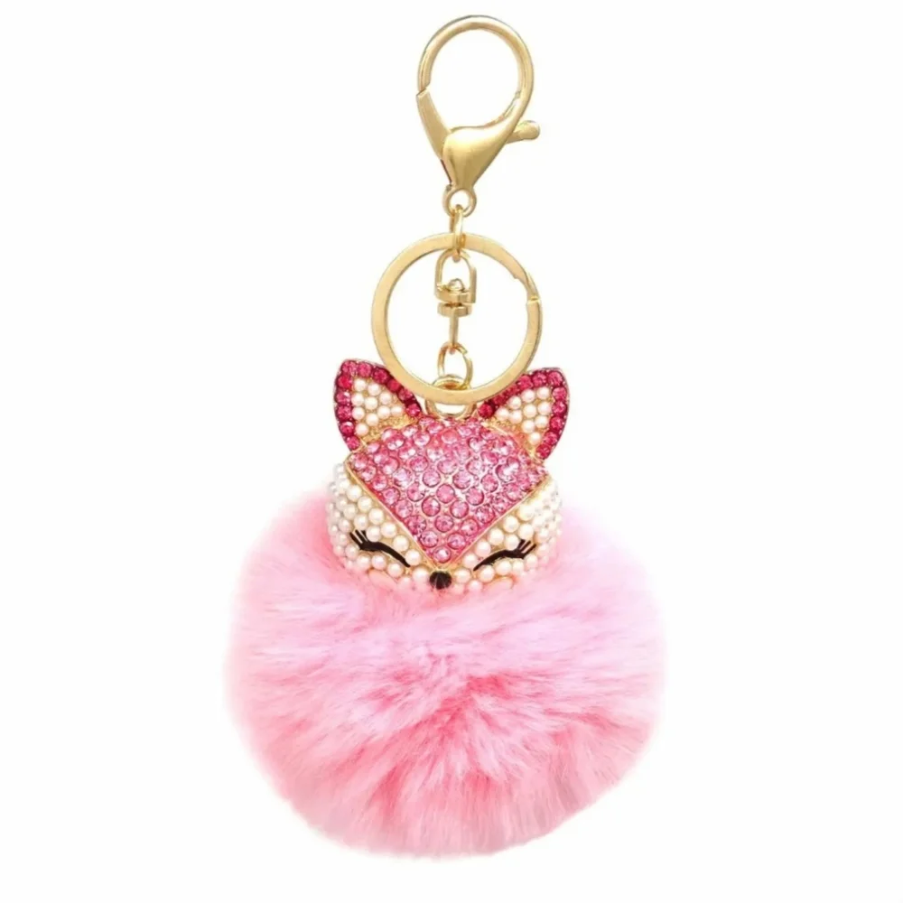 Pink Plush Pom Pom FOX Rhinestones Pearls Feminine Elegant Luxury Keychain Gift